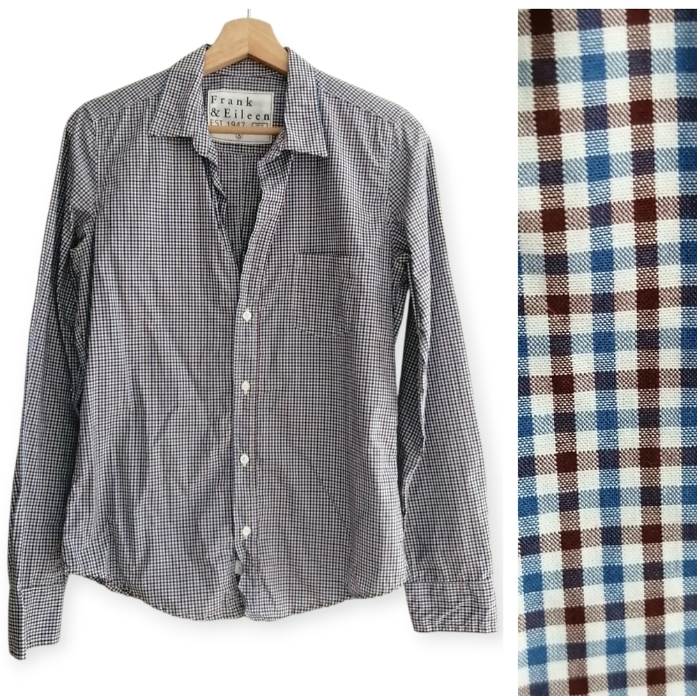 Frank & Eileen Barry Button Up Slim Tailored Fit Blue Brown Cotton Plaid Small